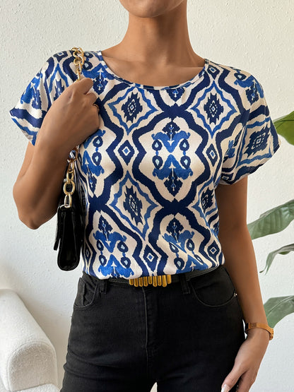 Printed Round Neck Short Sleeve Blouse