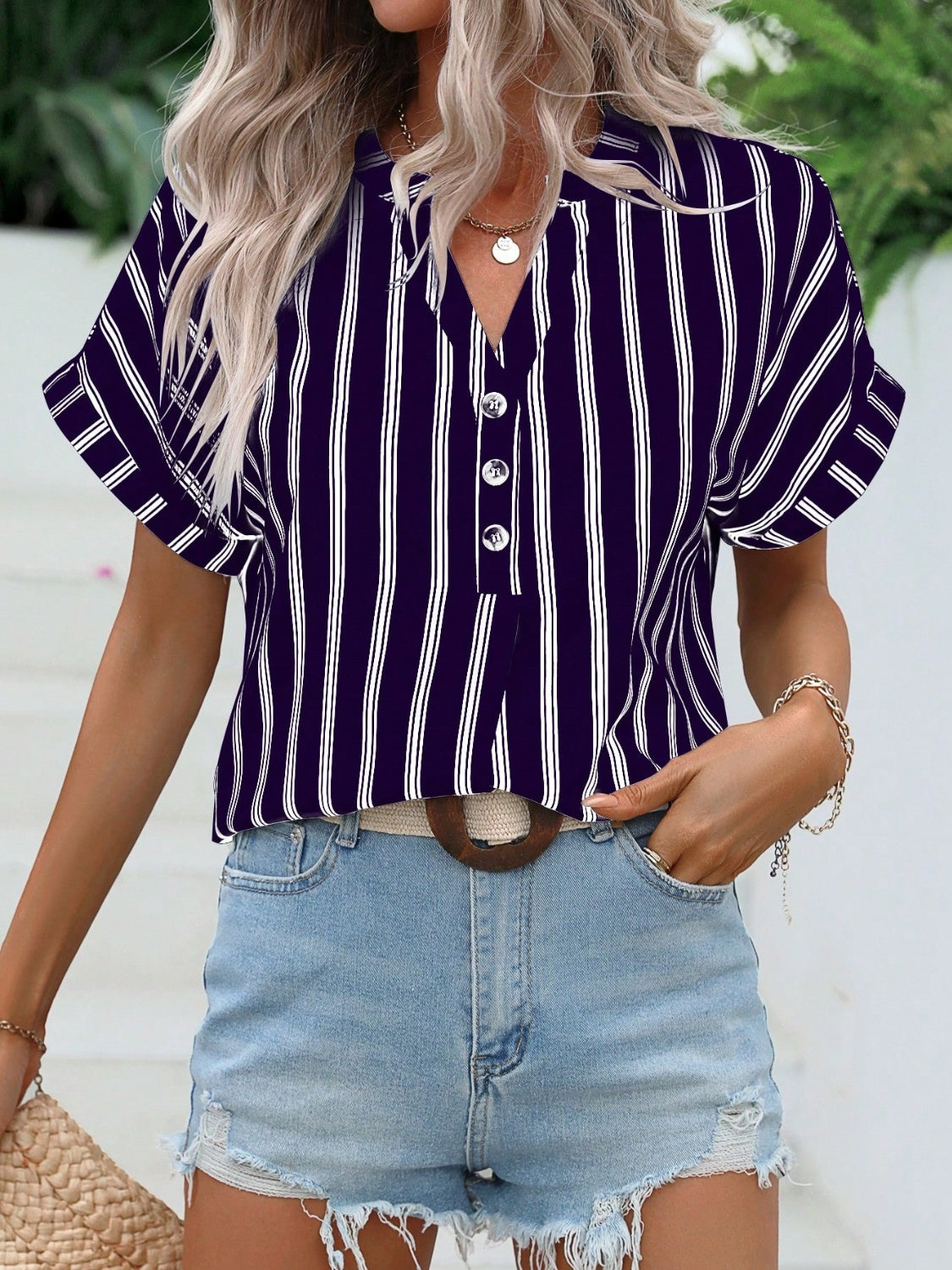 Striped Notched Short Sleeve Blouse