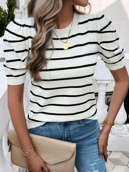 Striped Round Neck Puff Sleeve Knit Top