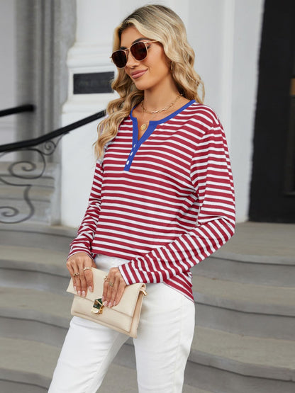 Striped Notched Long Sleeve T-Shirt