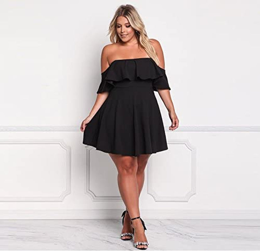 Women'S off Shoulder Strapless Ruffle Mini plus Size Swing Dresses