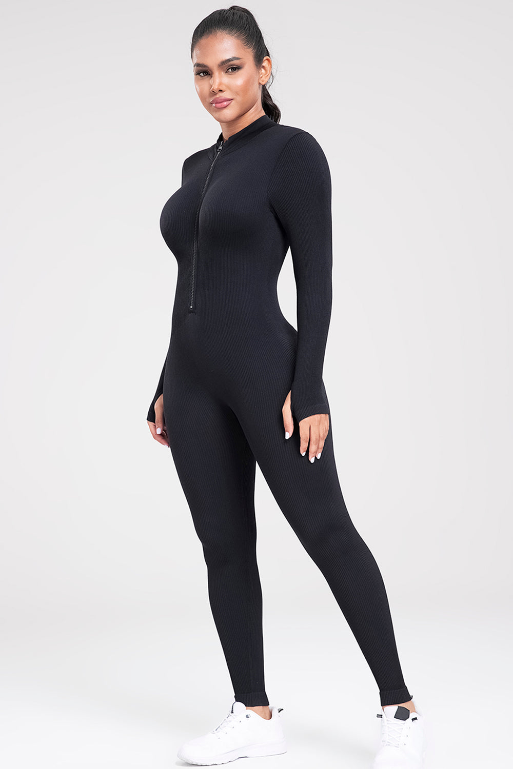 Zip Up Ribbed Long Sleeve Skinny Active Jumpsuit