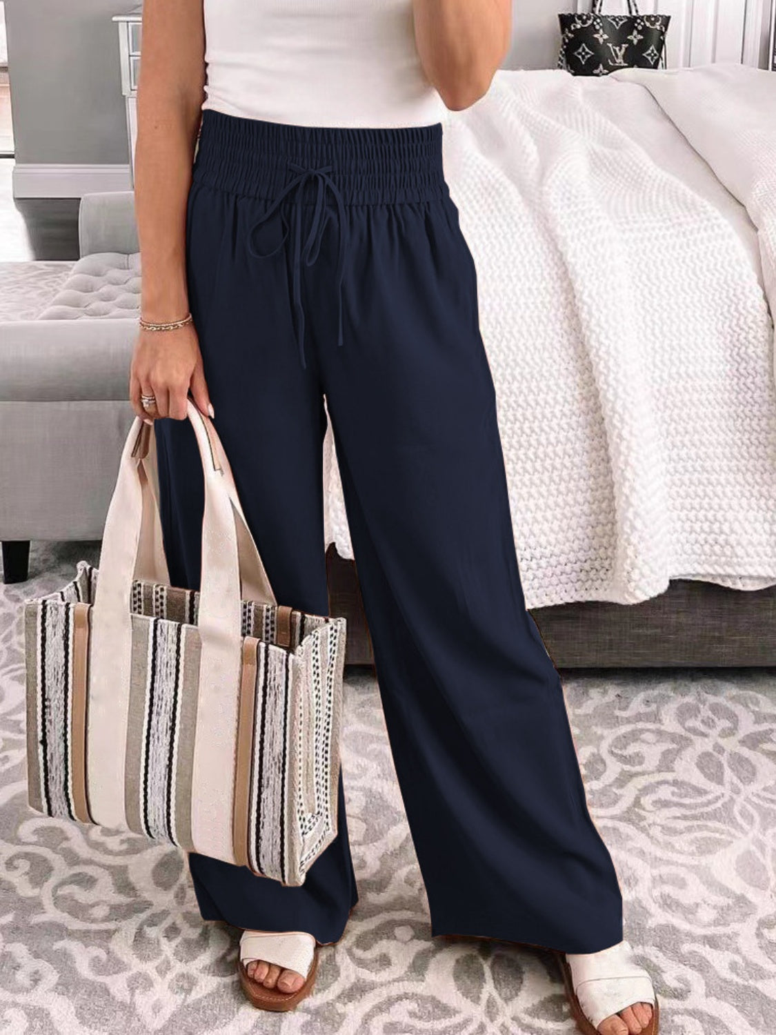 Full Size Drawstring High Waist Wide Leg Pants