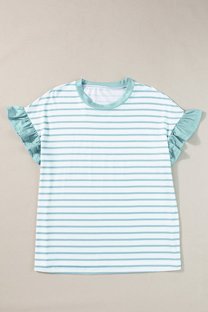 Ruffled Striped Round Neck Cap Sleeve T-Shirt