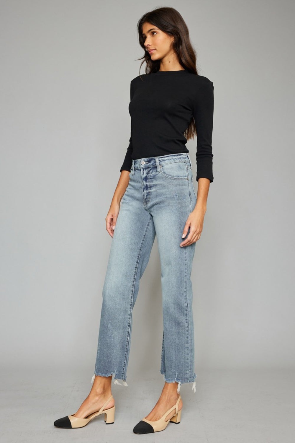 Kancan High Waist Raw Hem Cropped Wide Leg Jeans