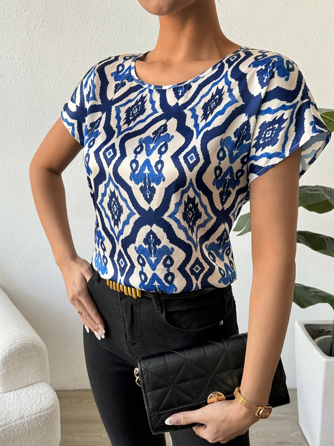 Printed Round Neck Short Sleeve Blouse