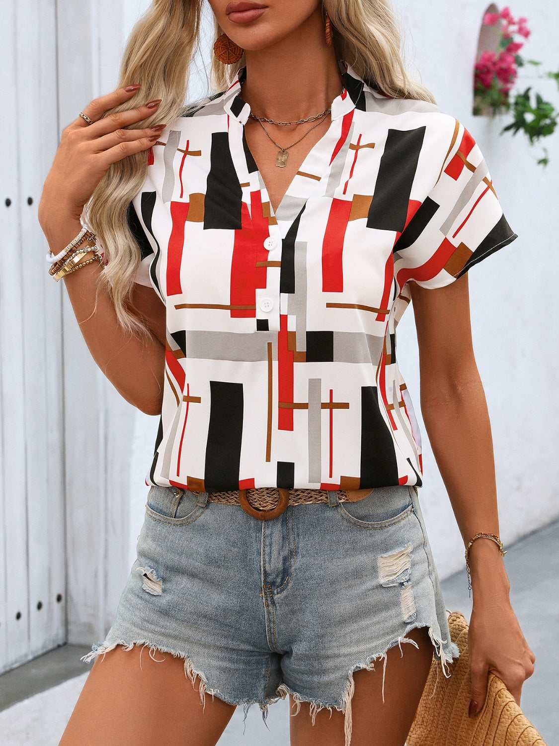 Printed Notched Short Sleeve Blouse