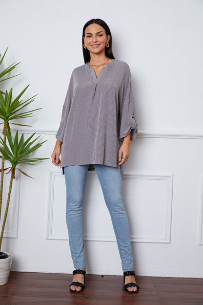 Notched Roll-Tab Sleeve Blouse