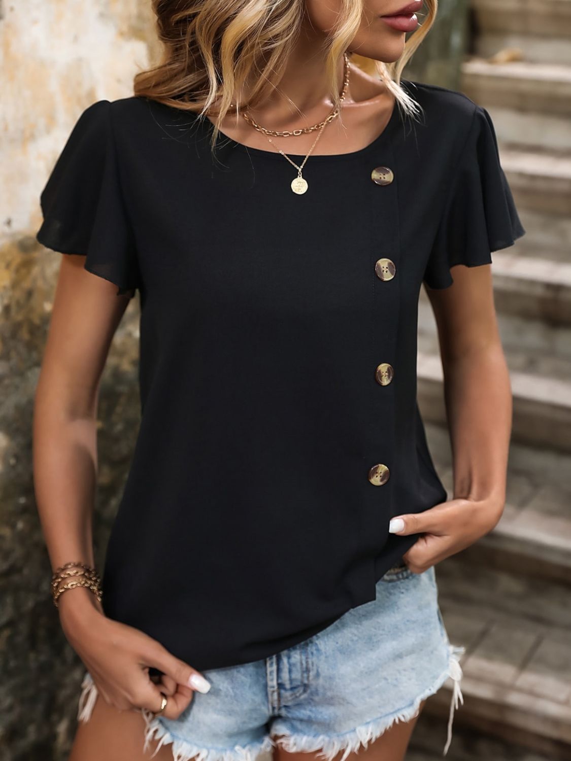 Decorative Button Round Neck Short Sleeve Blouse