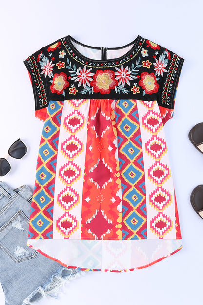 Embroidered Round Neck Short Sleeve Top