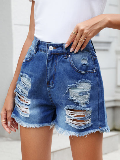 Distressed Raw Hem Denim Shorts