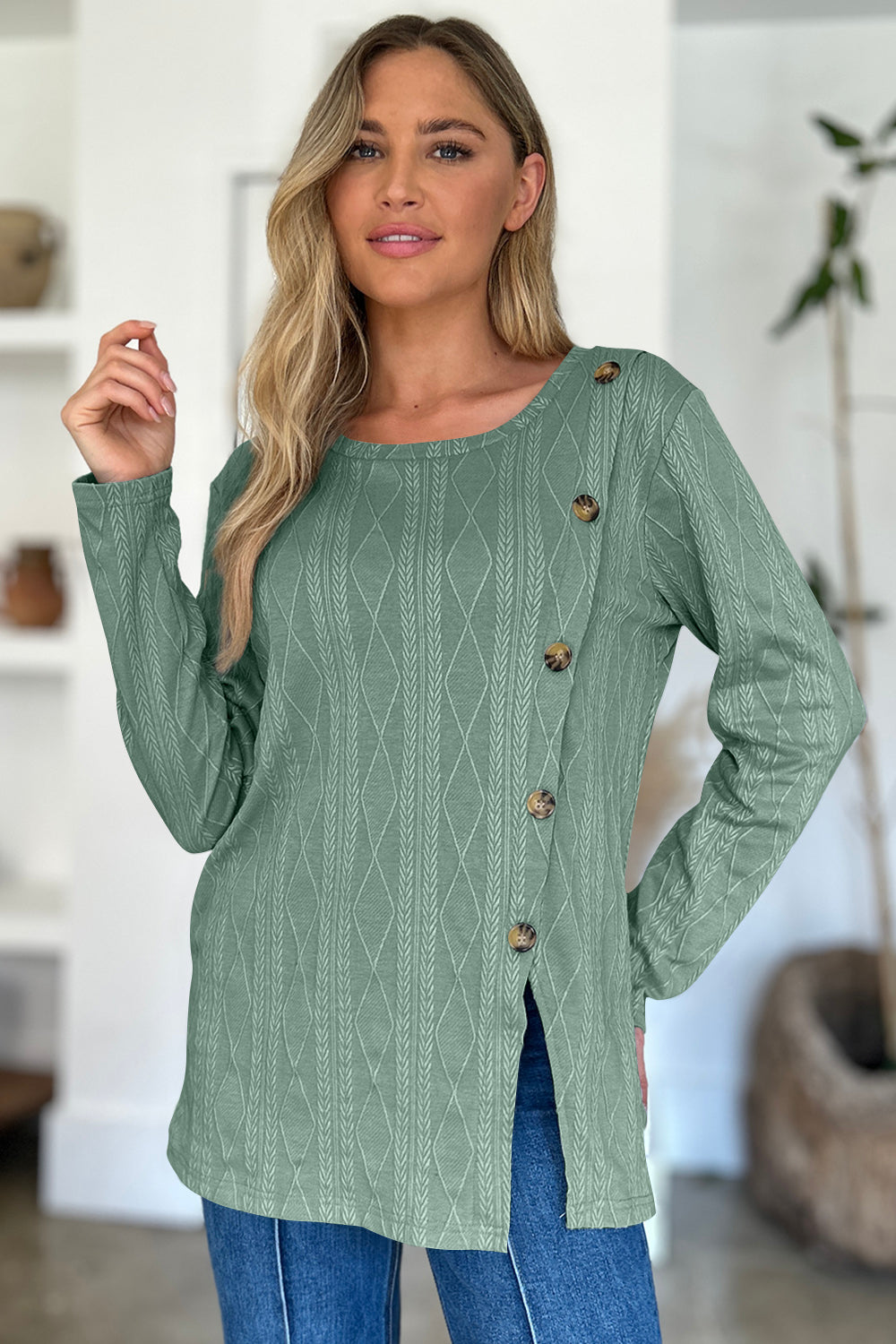 Slit Round Neck Long Sleeve T-Shirt