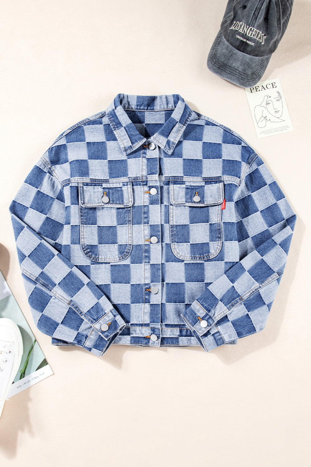 Checkered Button Up Long Sleeve Denim Jacket