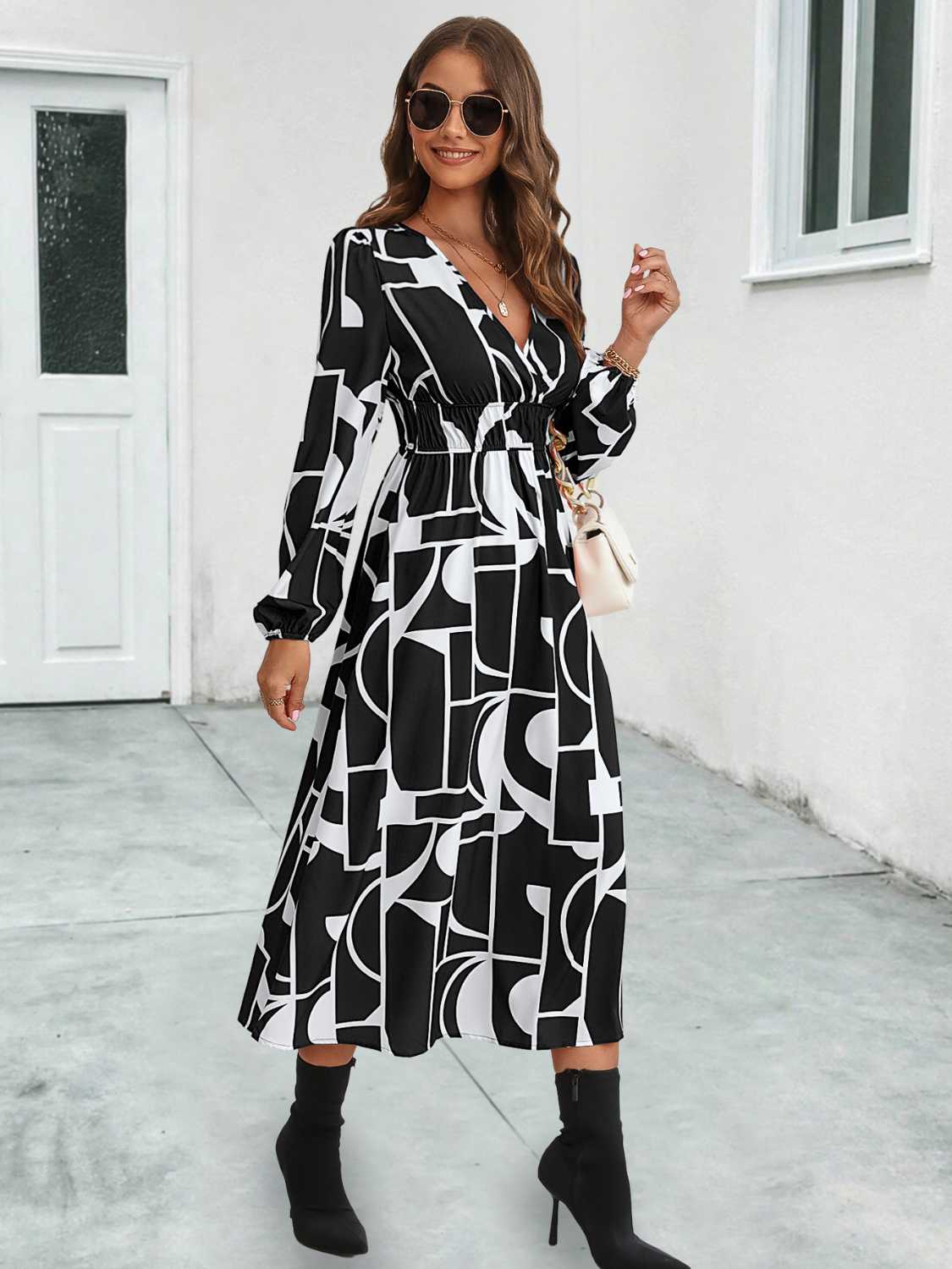 Surplice Neck Long Sleeve Midi Dress