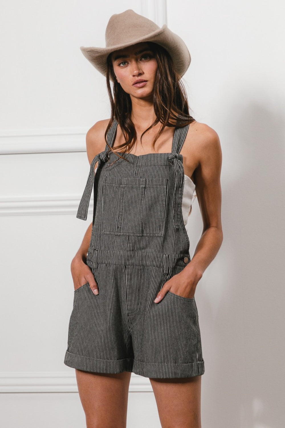 BiBi Tie Strap Washed Stripe Denim Overalls