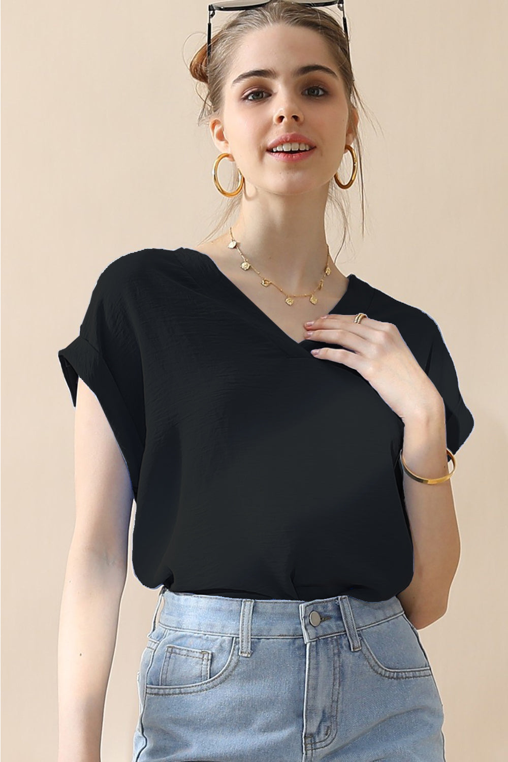 Ninexis V-Neck Trim Rolled Short Sleeve Shirt