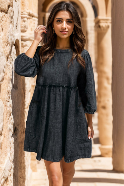 Round Neck Balloon Sleeve Mini Denim Dress