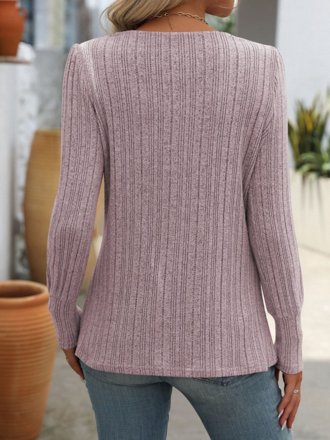 Decorative Button Striped Square Neck Long Sleeve T-Shirt