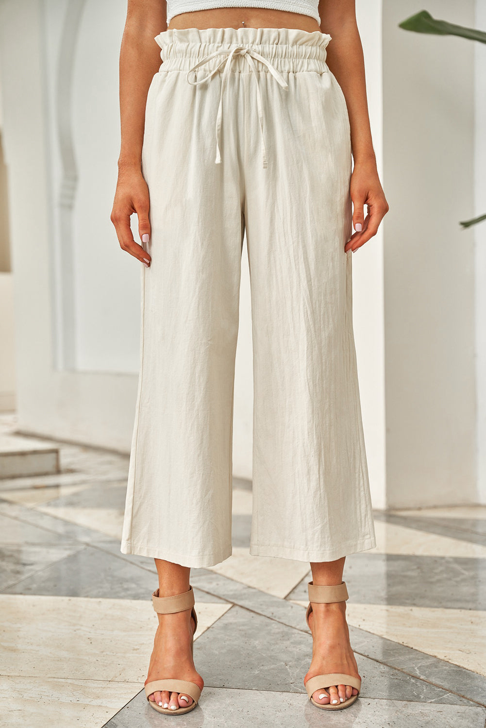 Drawstring Paperbag Waist Wide Leg Pants