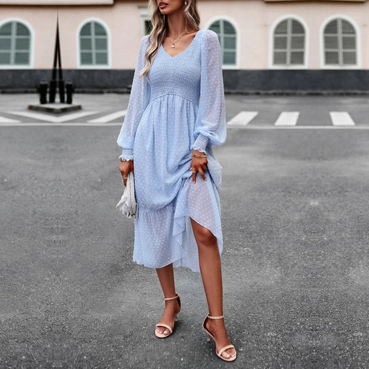 Women Spring Autumn V Neck Long Sleeve Solid Color A Line Dress For