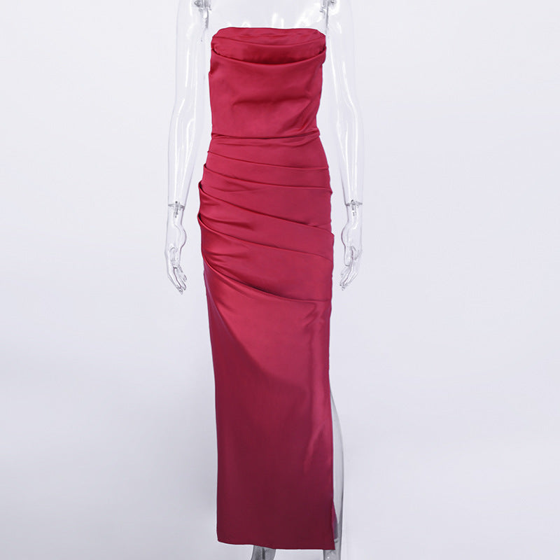 Strapless Sleeveless Solid Color High-Slit Dress