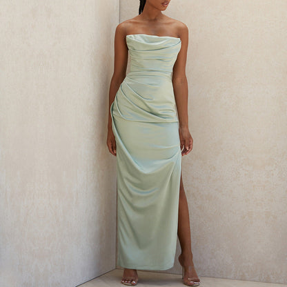 Strapless Sleeveless Solid Color High-Slit Dress