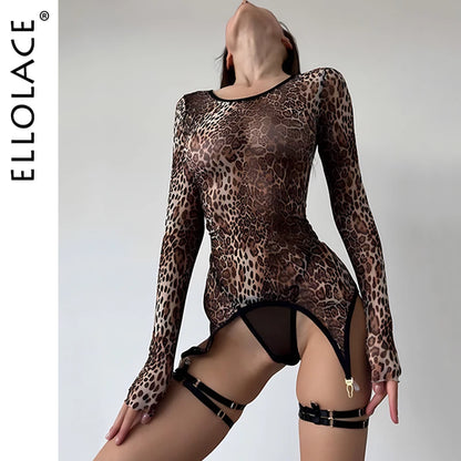 Ellolace Leopard Body Suit Sexy Animal Print Bodycon Tops Tight Long