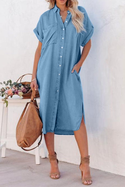 Slit Button Up Short Sleeve Imitation Denim Dress