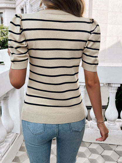 Striped Round Neck Puff Sleeve Knit Top