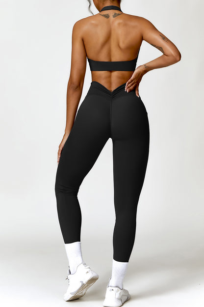 Ruched Halter Neck Bra and Pocketed Leggings Active Set