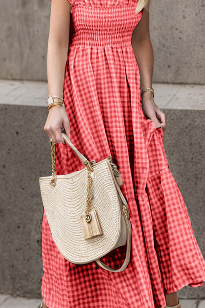 Full Size Smocked Ruffled Plaid Ruffle Hem Dress