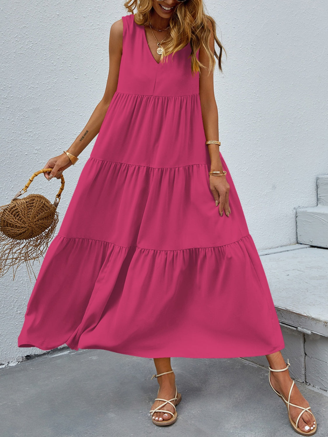 Tiered V-Neck Sleeveless Dress