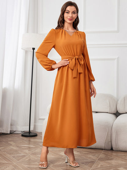 Tie Waist Puff Sleeve Maxi Dress