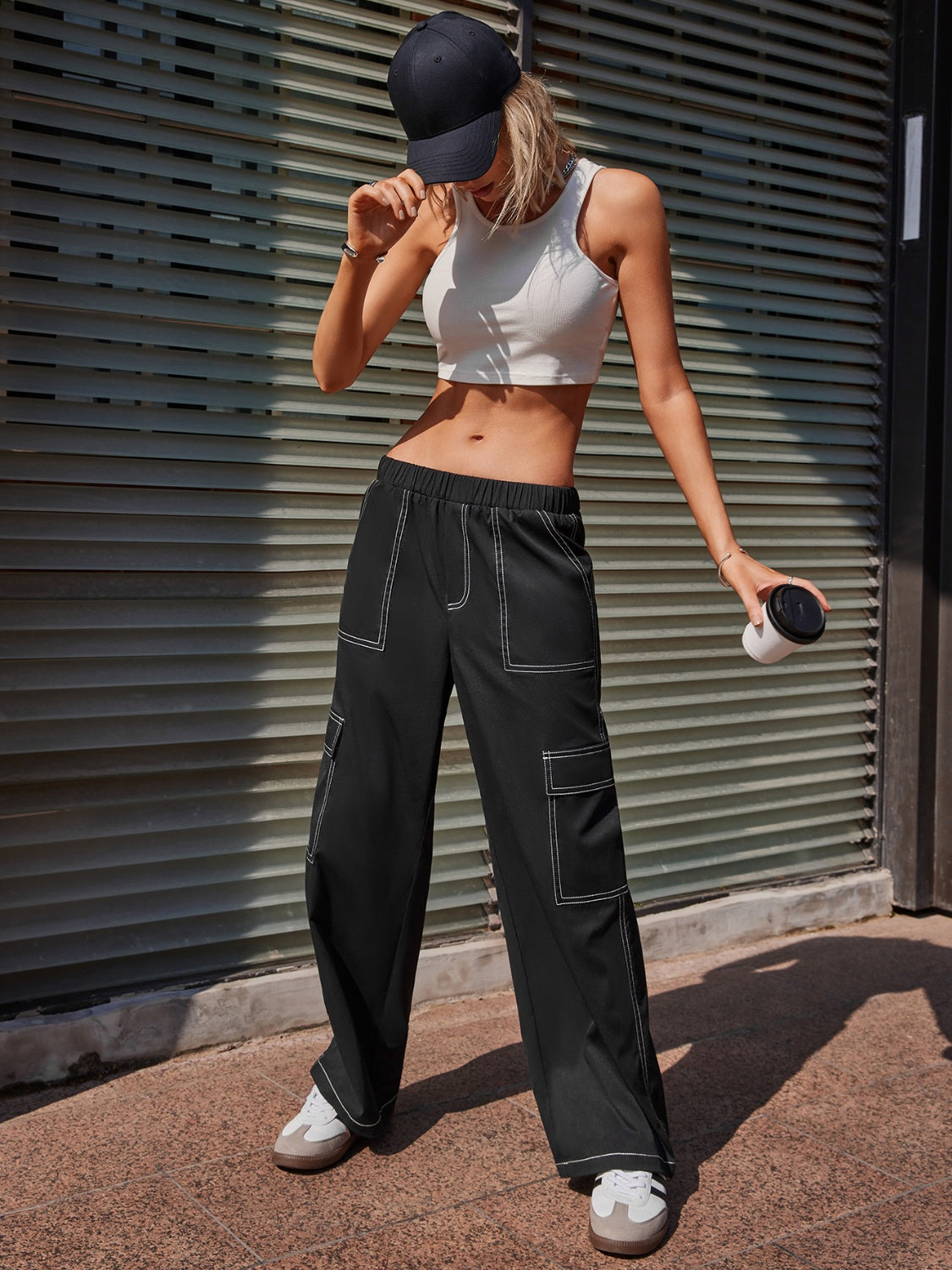 Contrast Stitching Pocketed Wide Leg Pants