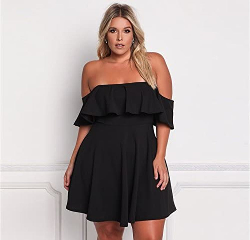 Women'S off Shoulder Strapless Ruffle Mini plus Size Swing Dresses