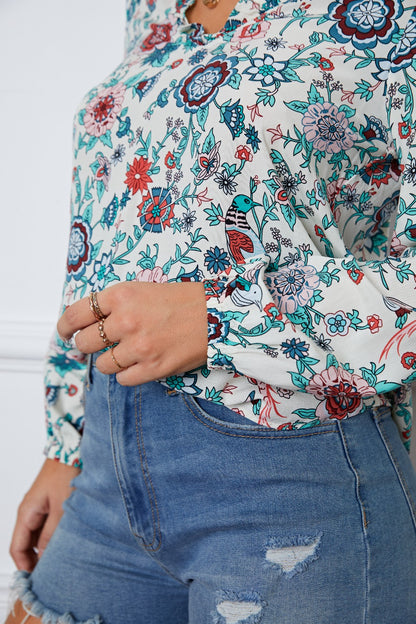 Floral Notched Long Sleeve Blouse