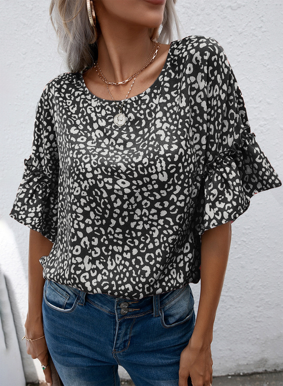 Leopard Round Neck Frill Trim Blouse