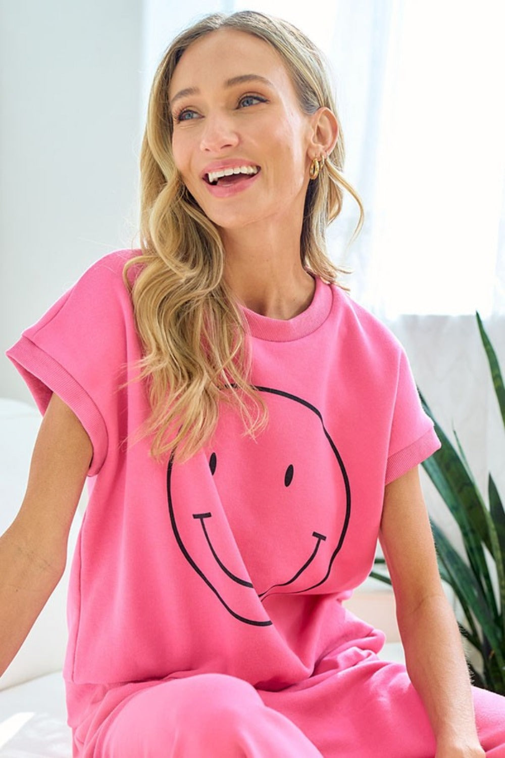 First Love Smile Face Drop Shoulder Brushed Inside T-Shirt