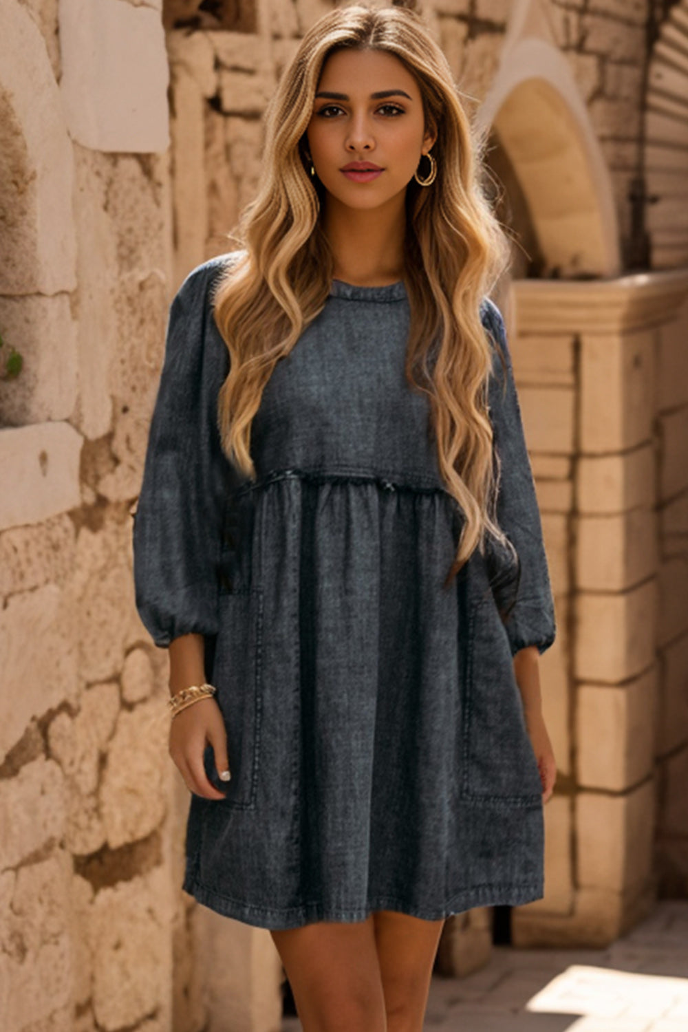 Round Neck Balloon Sleeve Mini Denim Dress