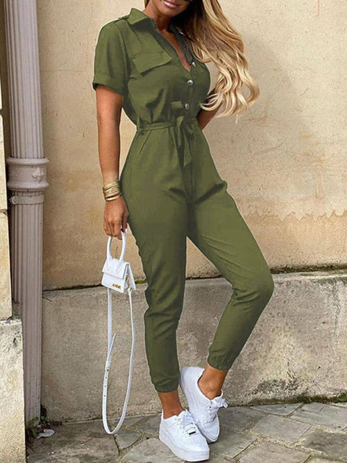 Women's Casual Lapel Buttoned Belt Cargo Jumpsuit