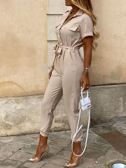 Women's Casual Lapel Buttoned Belt Cargo Jumpsuit