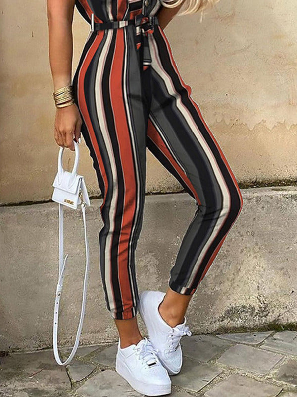 Women's Casual Lapel Buttoned Belt Cargo Jumpsuit