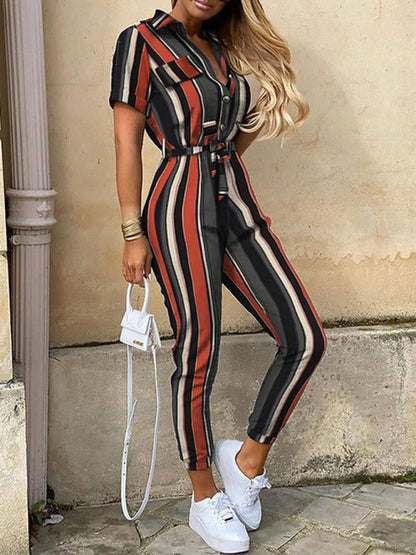 Women's Casual Lapel Buttoned Belt Cargo Jumpsuit