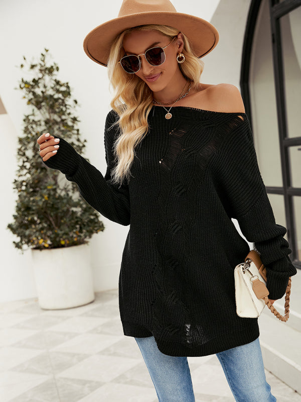 Fashion Solid Color Button Rope Knit Loose Pullover Sweater