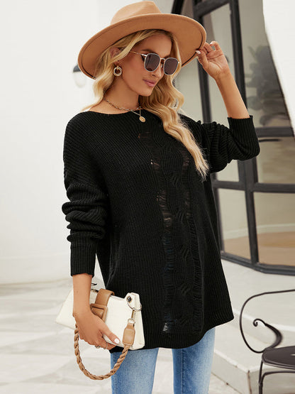 Fashion Solid Color Button Rope Knit Loose Pullover Sweater