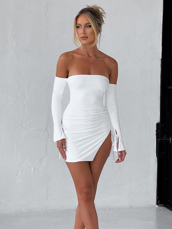 Chic Off-Shoulder Bodycon Skirt with Elegant Slits and Drawstring