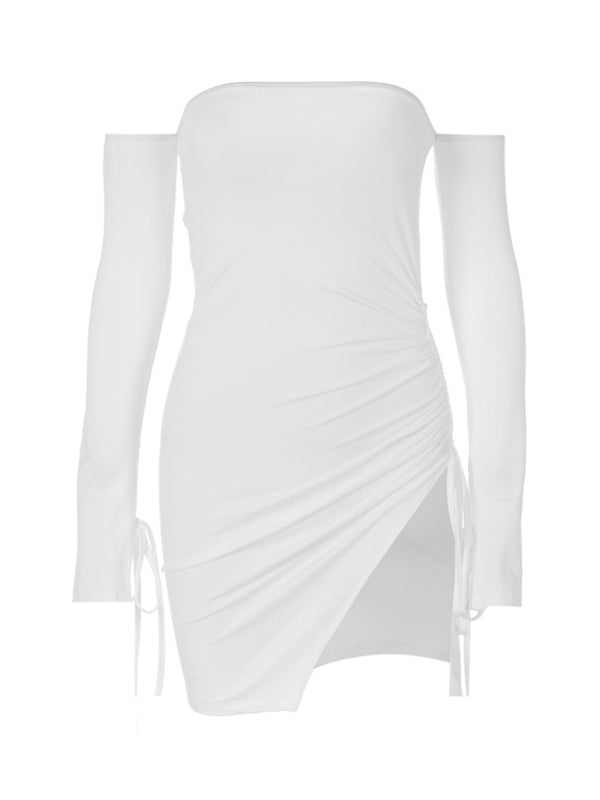 Chic Off-Shoulder Bodycon Skirt with Elegant Slits and Drawstring